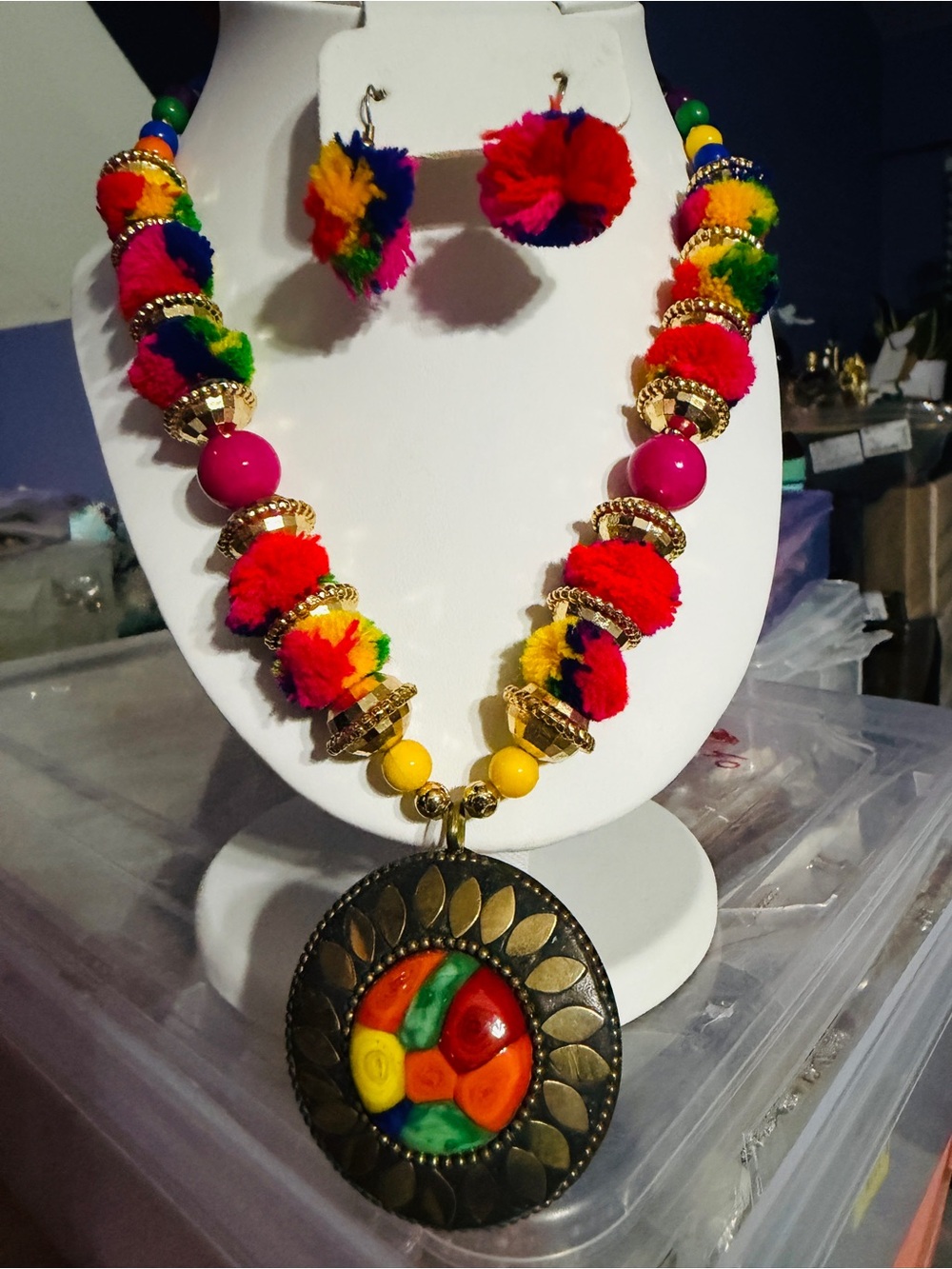 Colorful Pom-Pom Statement Necklace with Matching Earrings - Multicolor